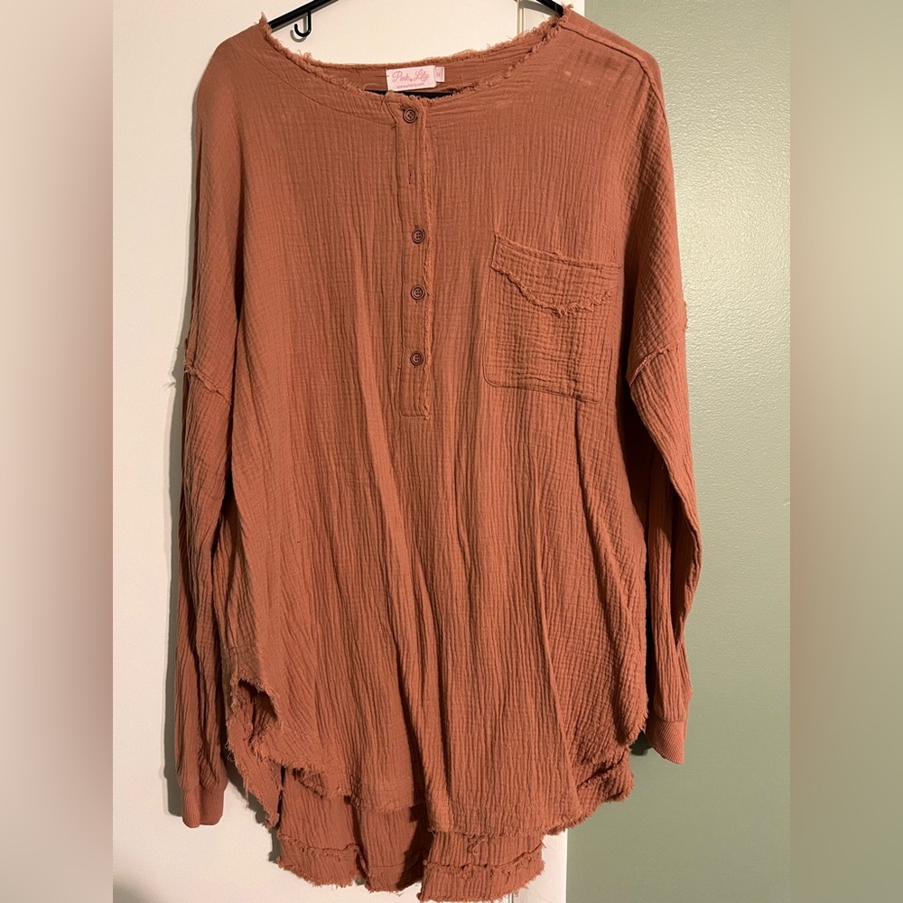 Pink Lily Devoted Hearts Terracotta Henley Gauze Blouse - Medium